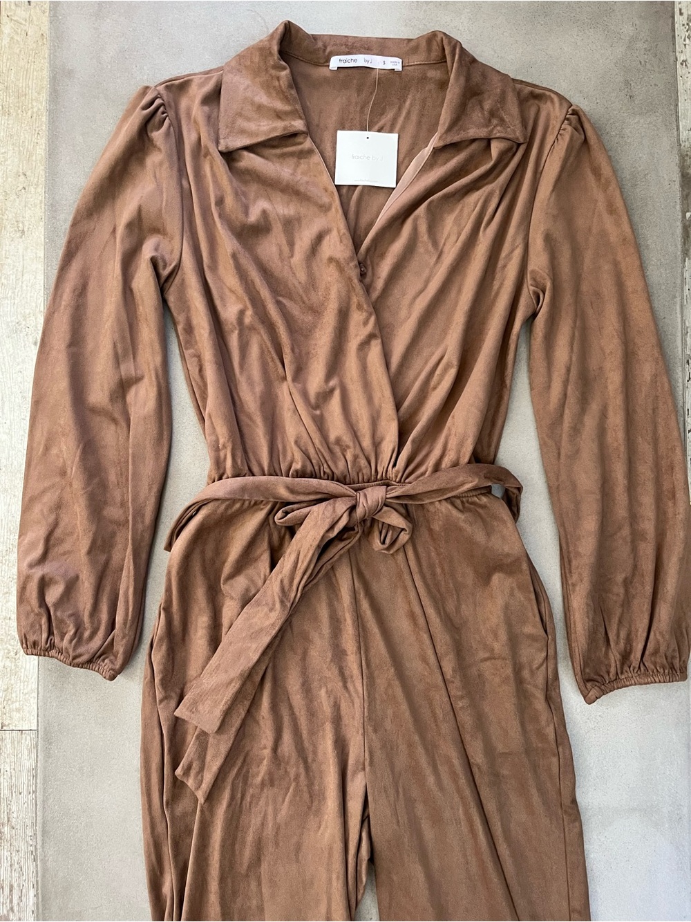 FRAICHE BY J Faux Suede Belted Long Sleeve Jumpsuit In Taupe Size Small NWT